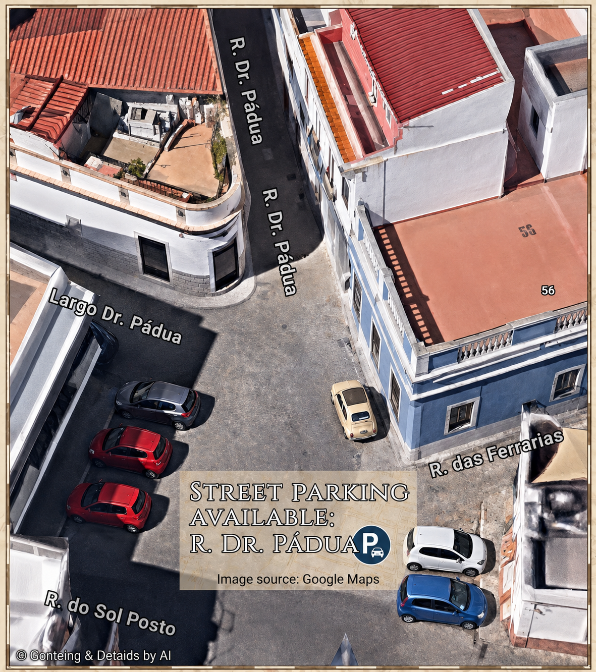Aerial view of the streets around the residences, showing on-street parking on Rua Doutor Pádua