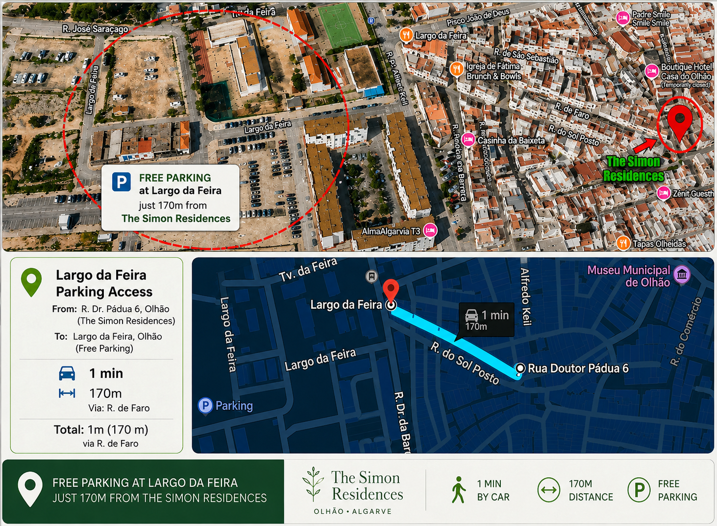 Map showing free parking at Largo da Feira, 170 metres from The Simon Residences